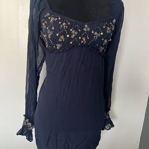 Free People Navy Dress with Floral Embroidery
